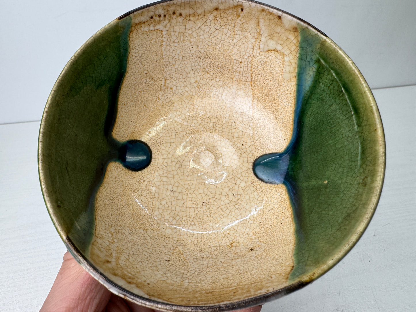 Y9791 CHAWAN Oribe-ware bowl signed Japan antique tea ceremony pottery cup