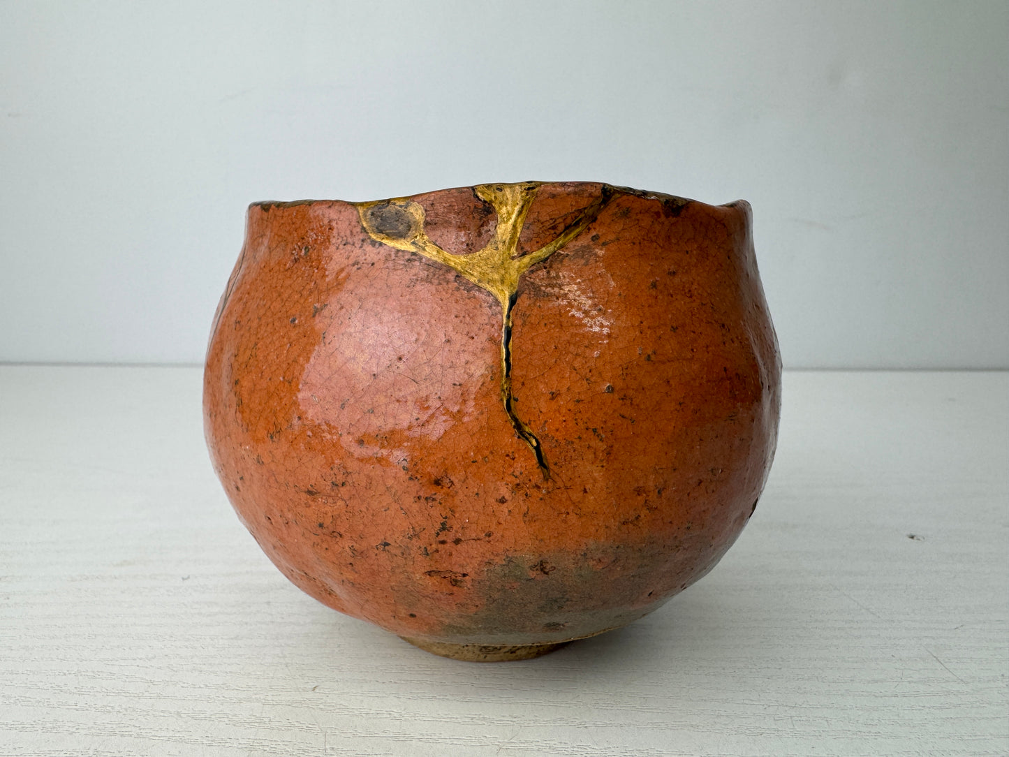 Y9795 CHAWAN Raku-ware red bowl signed box kintsugi Japan antique tea ceremony