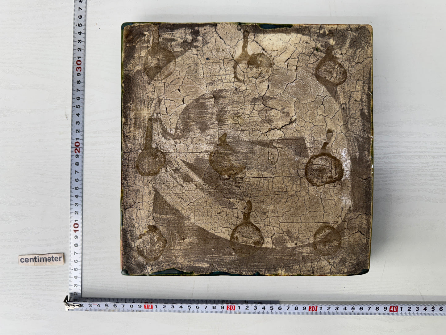 Y9798 TRAY Oribe-ware kettle rest signed box Japan antique tea ceremony pot mat