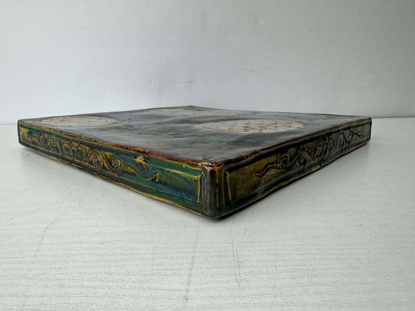 Y9798 TRAY Oribe-ware kettle rest signed box Japan antique tea ceremony pot mat