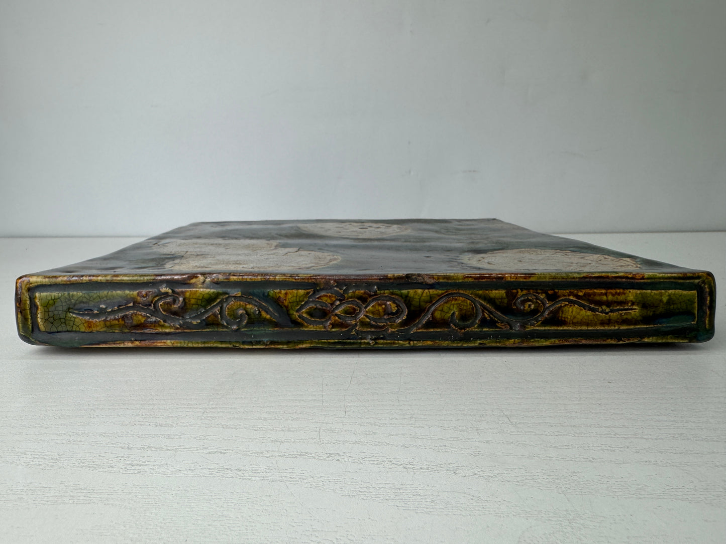 Y9798 TRAY Oribe-ware kettle rest signed box Japan antique tea ceremony pot mat