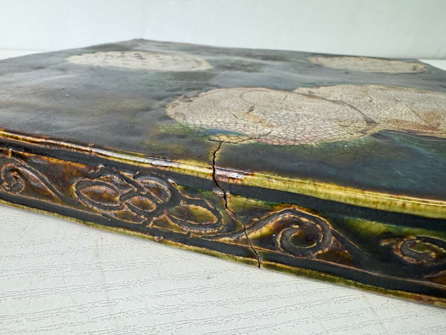 Y9798 TRAY Oribe-ware kettle rest signed box Japan antique tea ceremony pot mat