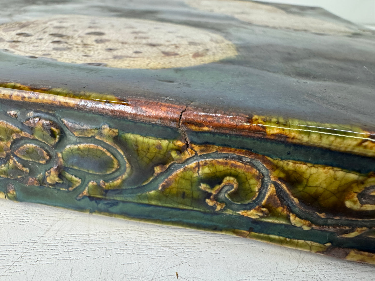 Y9798 TRAY Oribe-ware kettle rest signed box Japan antique tea ceremony pot mat