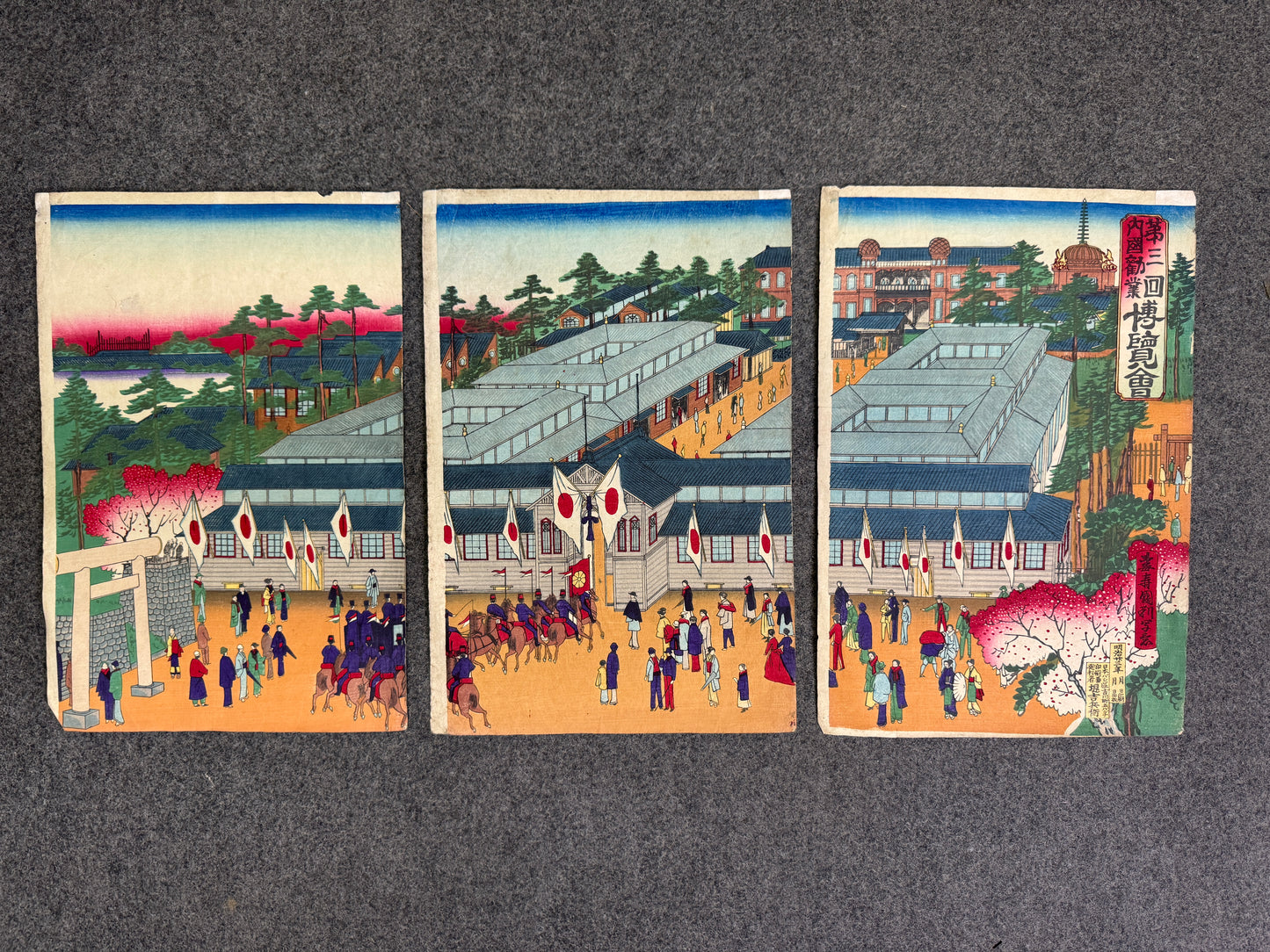 Y9805 WOODBLOCK PRINT Kunitoshi triptych Meiji Large format Japan Ukiyoe antique