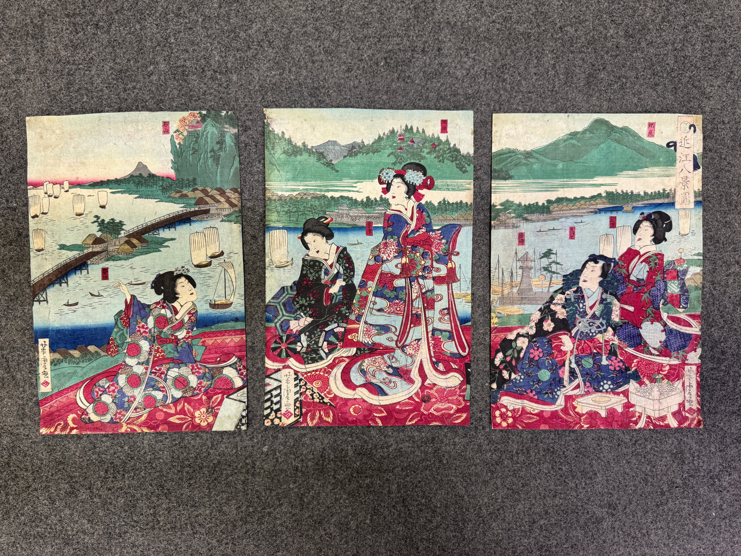 Y9806 WOODBLOCK PRINT Yoshitora Beautiful woman triptych Japan Ukiyoe antique