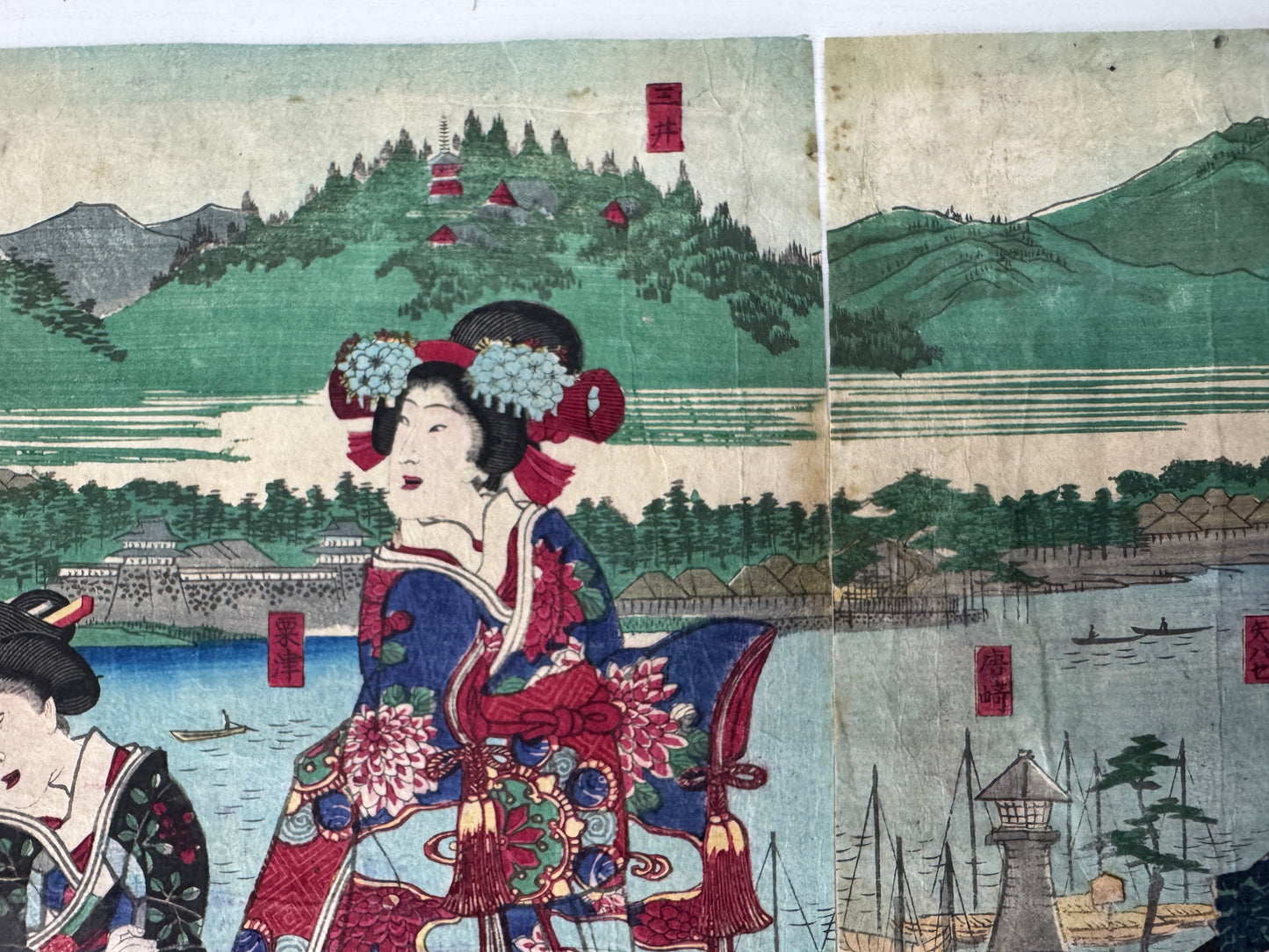 Y9806 WOODBLOCK PRINT Yoshitora Beautiful woman triptych Japan Ukiyoe antique