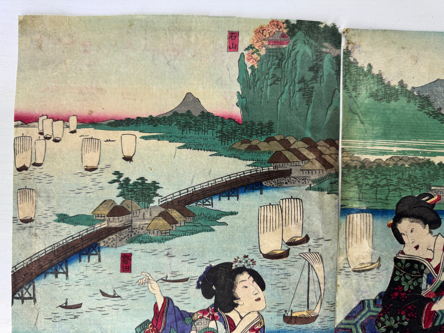 Y9806 WOODBLOCK PRINT Yoshitora Beautiful woman triptych Japan Ukiyoe antique