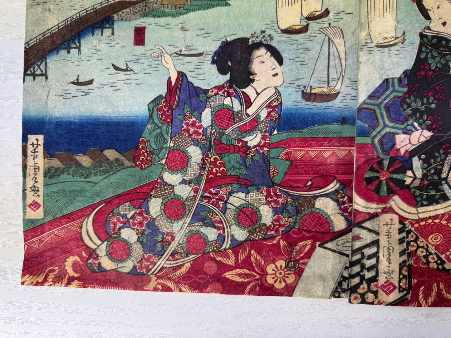Y9806 WOODBLOCK PRINT Yoshitora Beautiful woman triptych Japan Ukiyoe antique