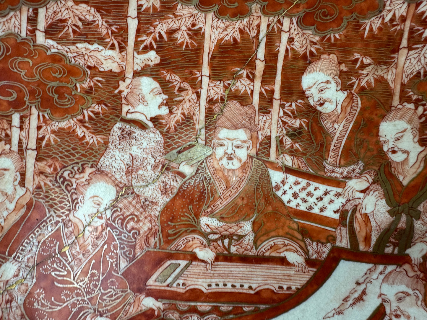 Y9818 DISH Kutani-ware Platter large plate red picture kintsugi Japan antique