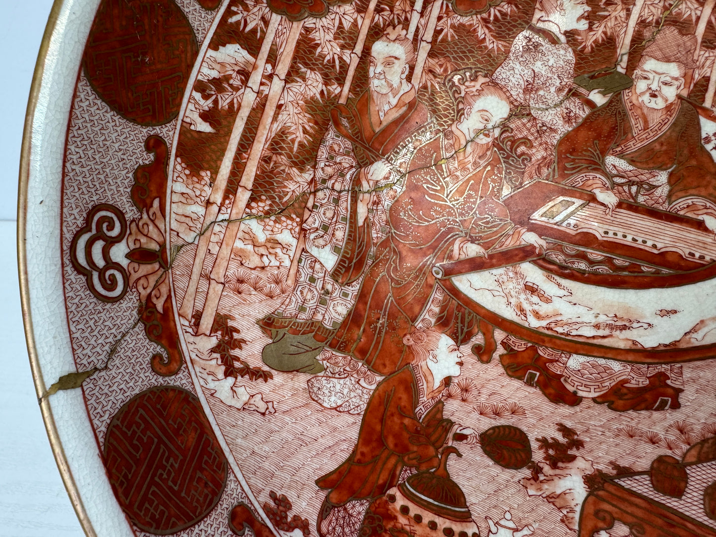 Y9818 DISH Kutani-ware Platter large plate red picture kintsugi Japan antique