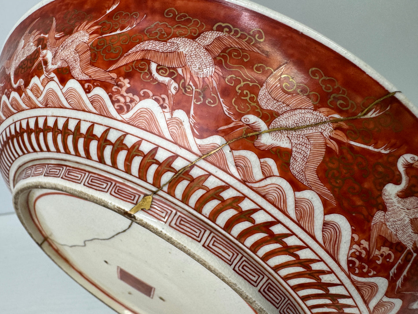 Y9818 DISH Kutani-ware Platter large plate red picture kintsugi Japan antique