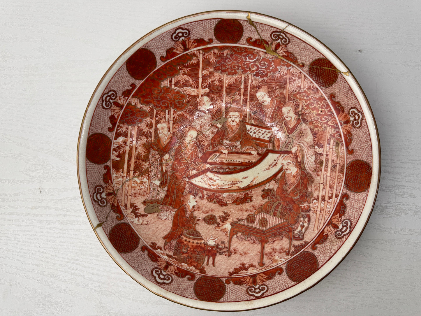 Y9818 DISH Kutani-ware Platter large plate red picture kintsugi Japan antique