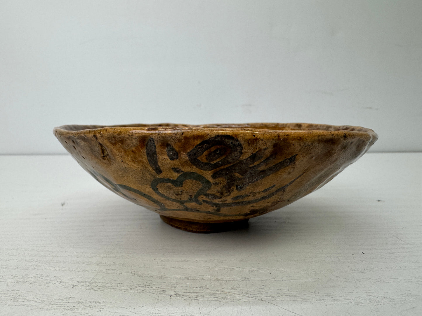 Y9821 CHAWAN Raku-ware flat bowl signed box Japan antique tea ceremony pottery