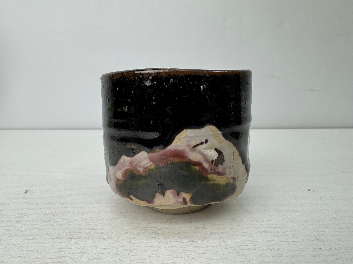 Y9824 CHAWAN Kuro Oribe tube bowl signed box Japan antique tea ceremony pottery
