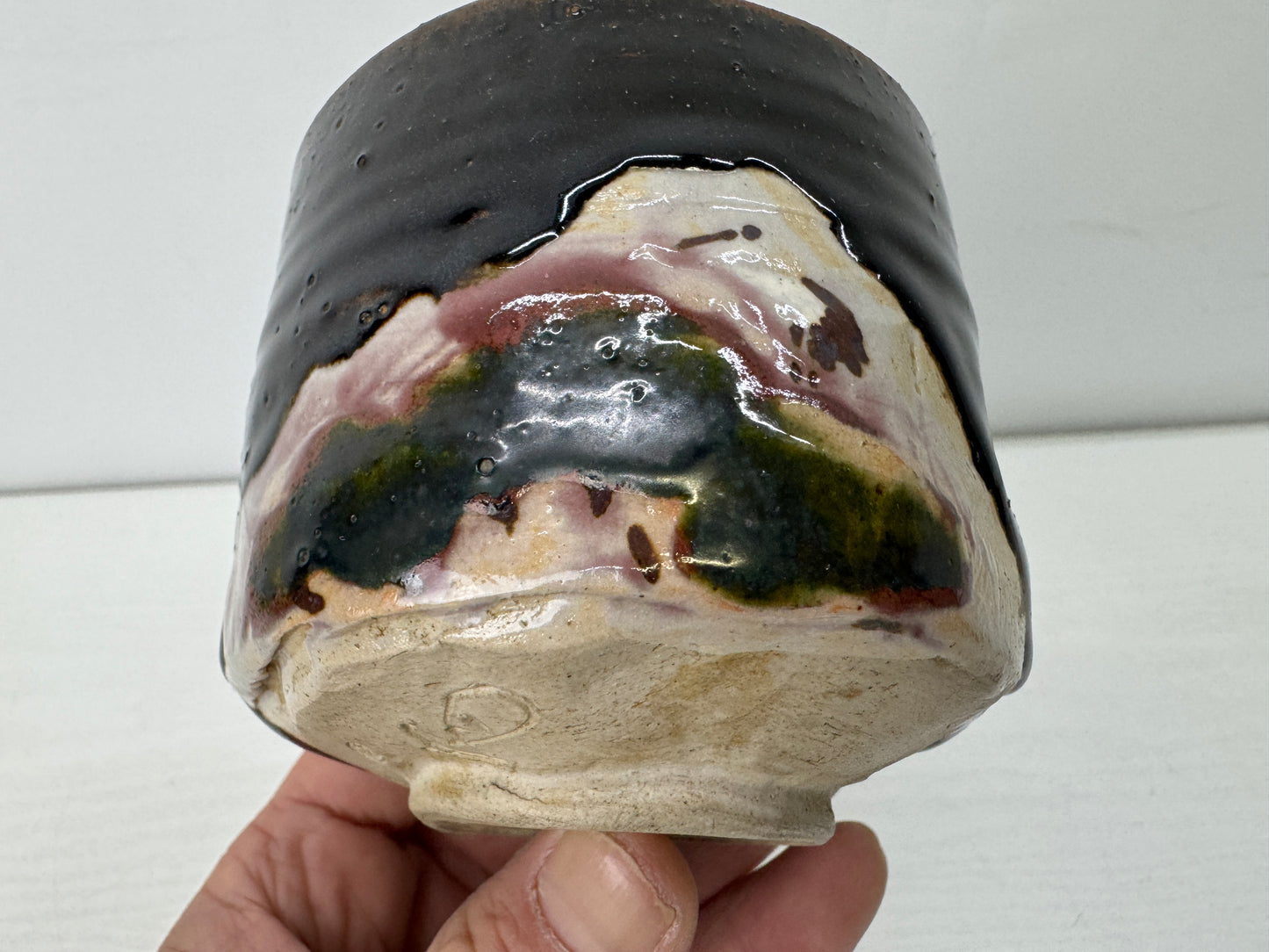 Y9824 CHAWAN Kuro Oribe tube bowl signed box Japan antique tea ceremony pottery