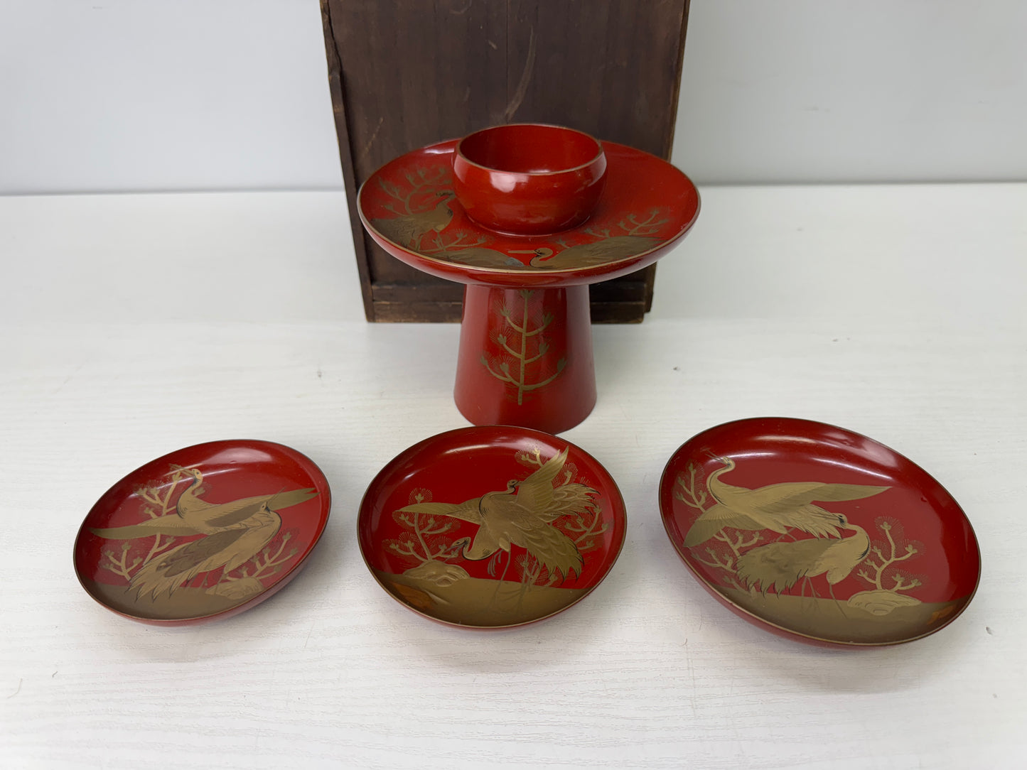 Y9839 CHAWAN 3-tiered Sake cup sakazuki vermilion lacquer box Japan antique