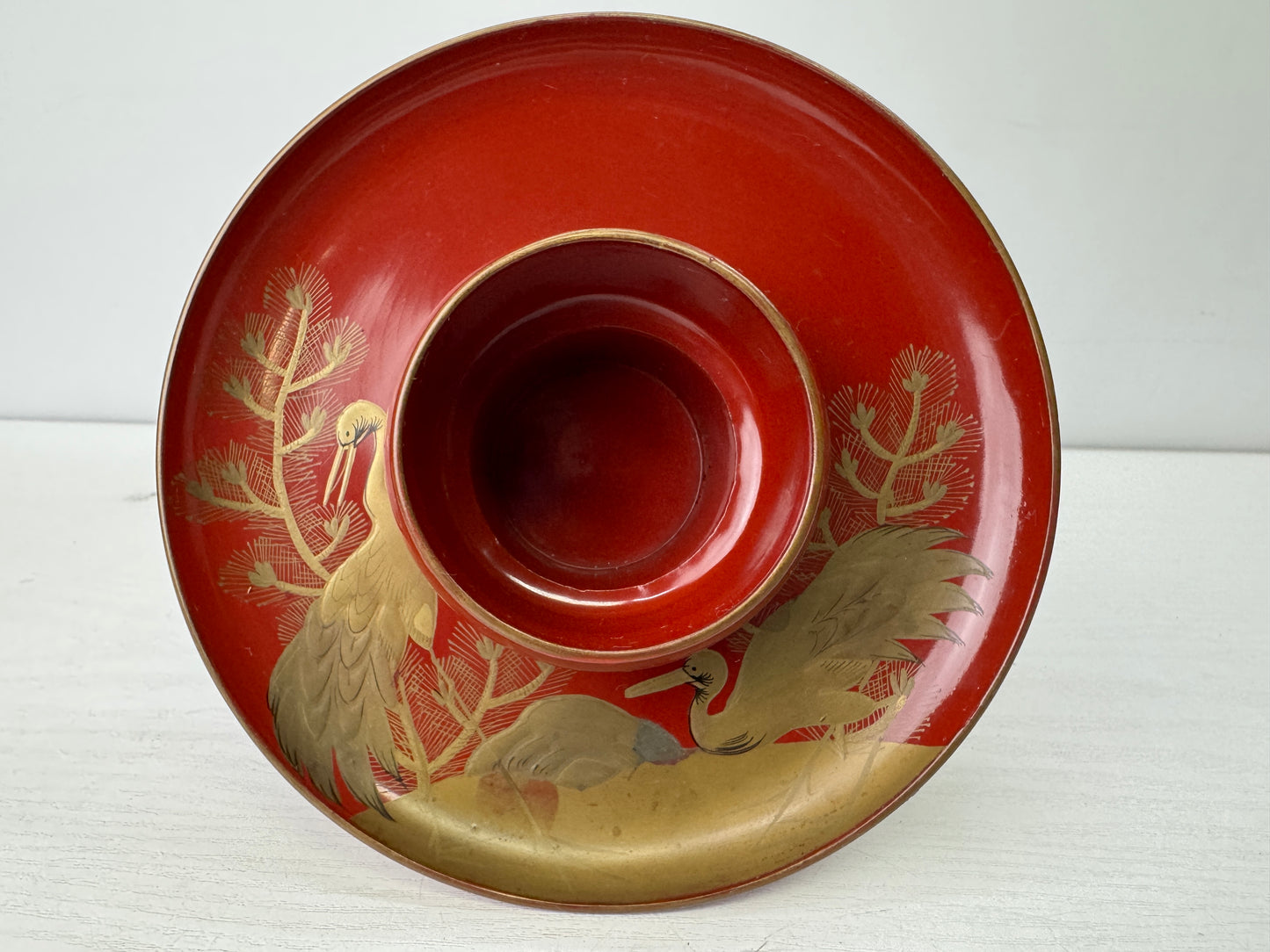 Y9839 CHAWAN 3-tiered Sake cup sakazuki vermilion lacquer box Japan antique