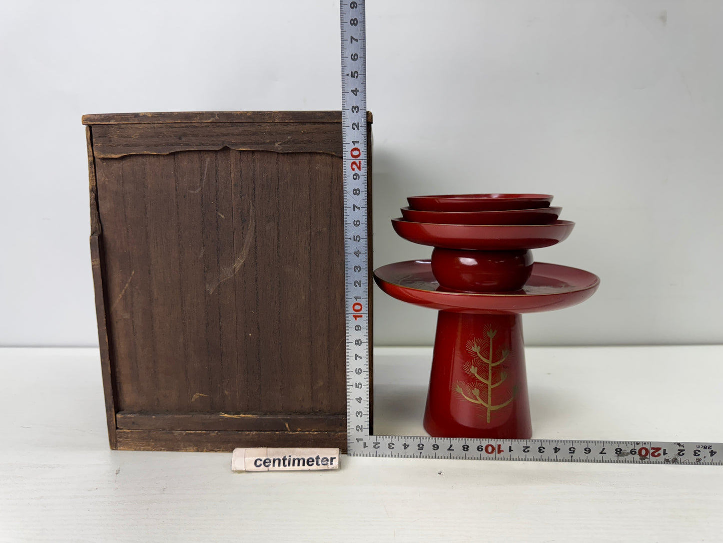 Y9839 CHAWAN 3-tiered Sake cup sakazuki vermilion lacquer box Japan antique