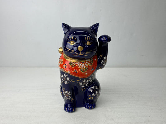 Y9871 OKIMONO ceramic Maneki-neko figurine blue signed Japan antique interior
