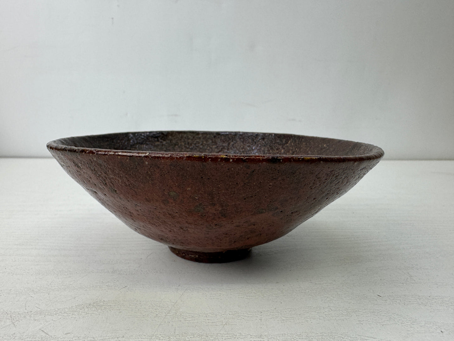 Y9883 CHAWAN Raku-ware flat bowl signed box Japan antique tea ceremony pottery