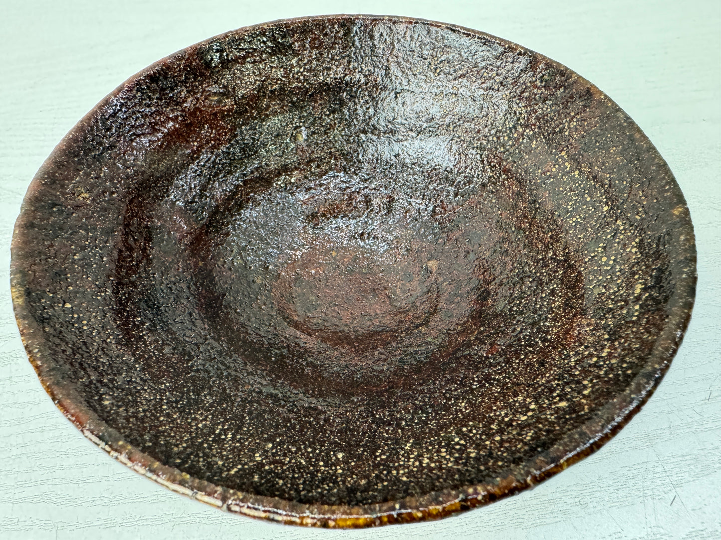 Y9883 CHAWAN Raku-ware flat bowl signed box Japan antique tea ceremony pottery