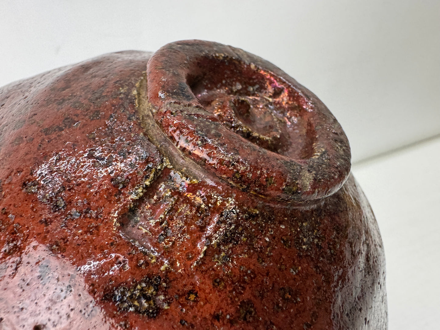 Y9883 CHAWAN Raku-ware flat bowl signed box Japan antique tea ceremony pottery