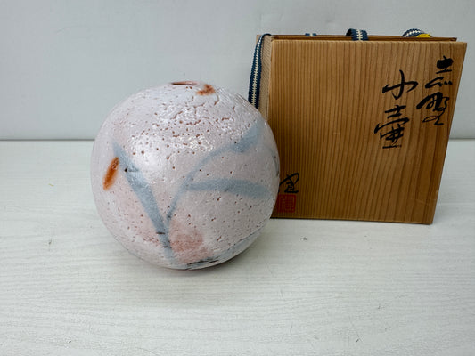 Y9895 FLOWER VASE Shino-ware round signed box Japan antique ikebana floral decor
