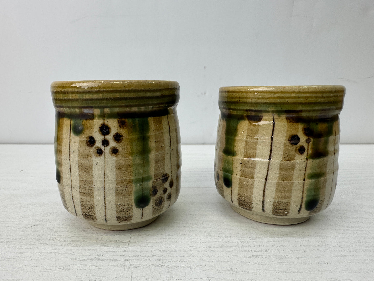 Y9901 YUNOMI Oribe-ware teacups set of 2 signed box Japan antique sencha tea cup