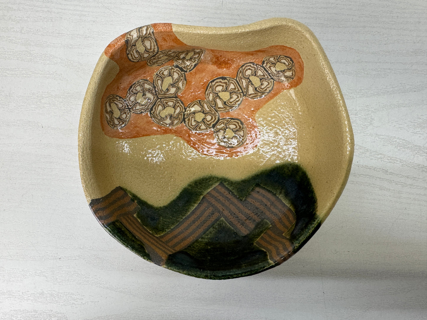 Y9905 CHAWAN Oribe-ware kneaded bowl signed box Japan antique tea ceremony cup