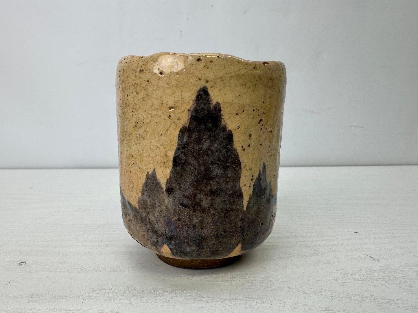 Y9907 CHAWAN Raku-ware tube bowl signed box Japan antique tea ceremony pottery