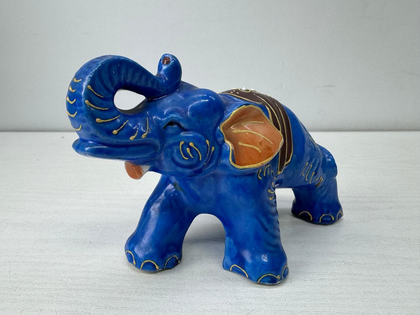 Y9918 OKIMONO Seto-ware Elephant blue color painting Japan antique interior