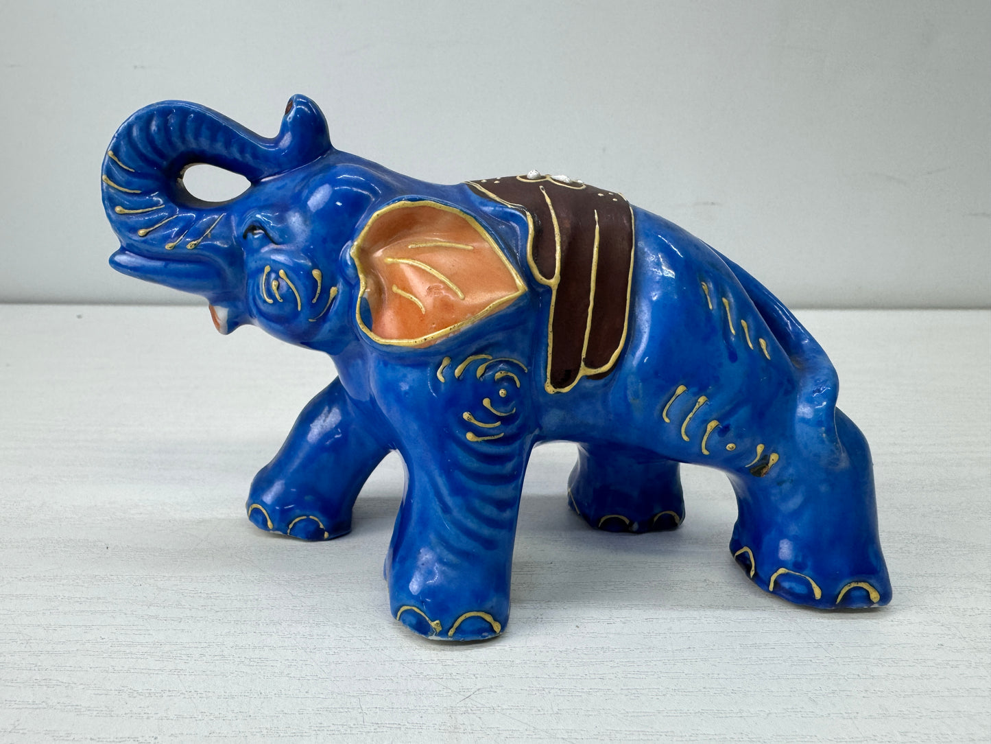 Y9918 OKIMONO Seto-ware Elephant blue color painting Japan antique interior