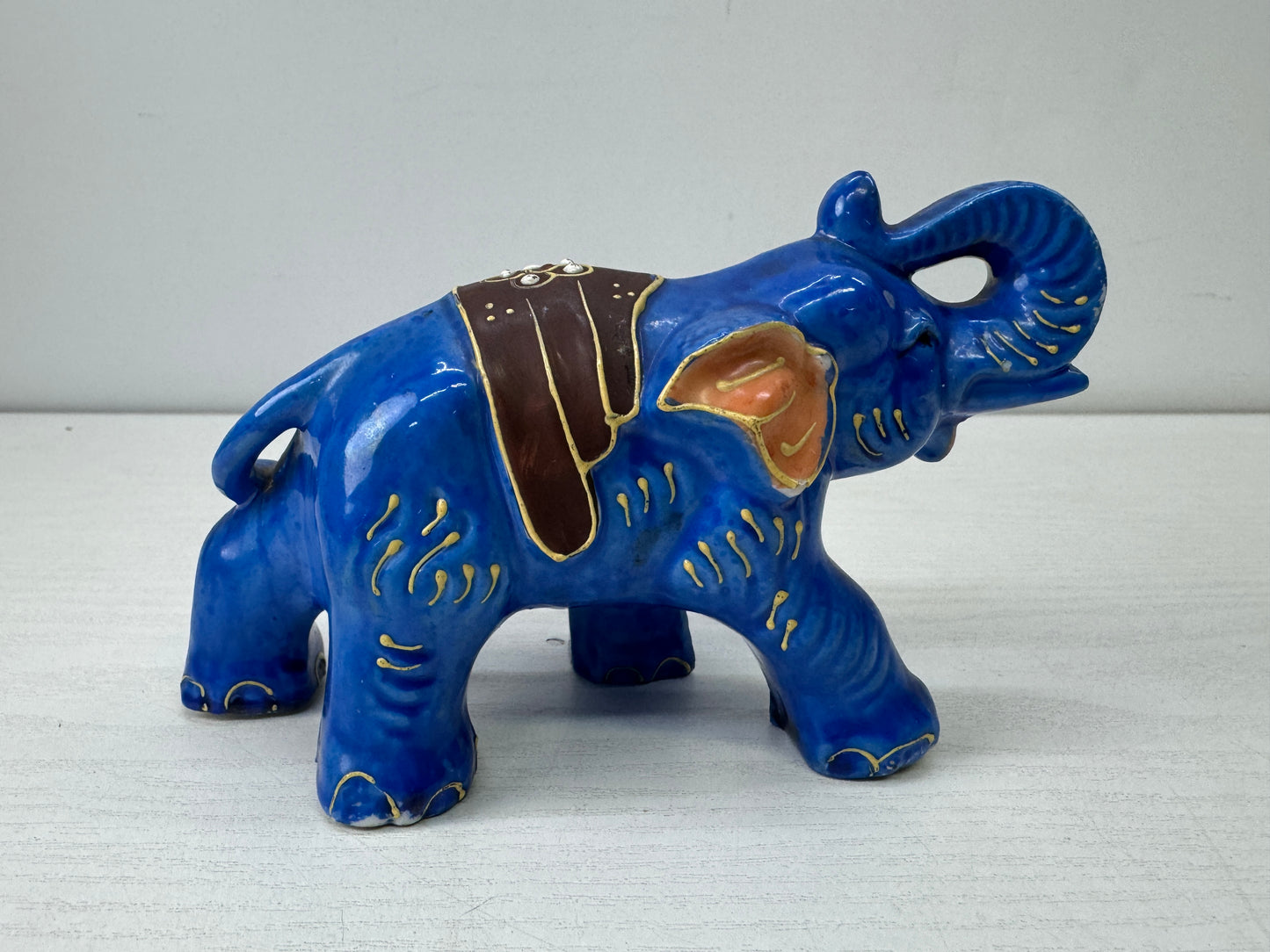 Y9918 OKIMONO Seto-ware Elephant blue color painting Japan antique interior