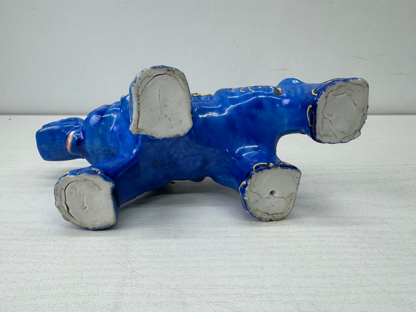 Y9918 OKIMONO Seto-ware Elephant blue color painting Japan antique interior