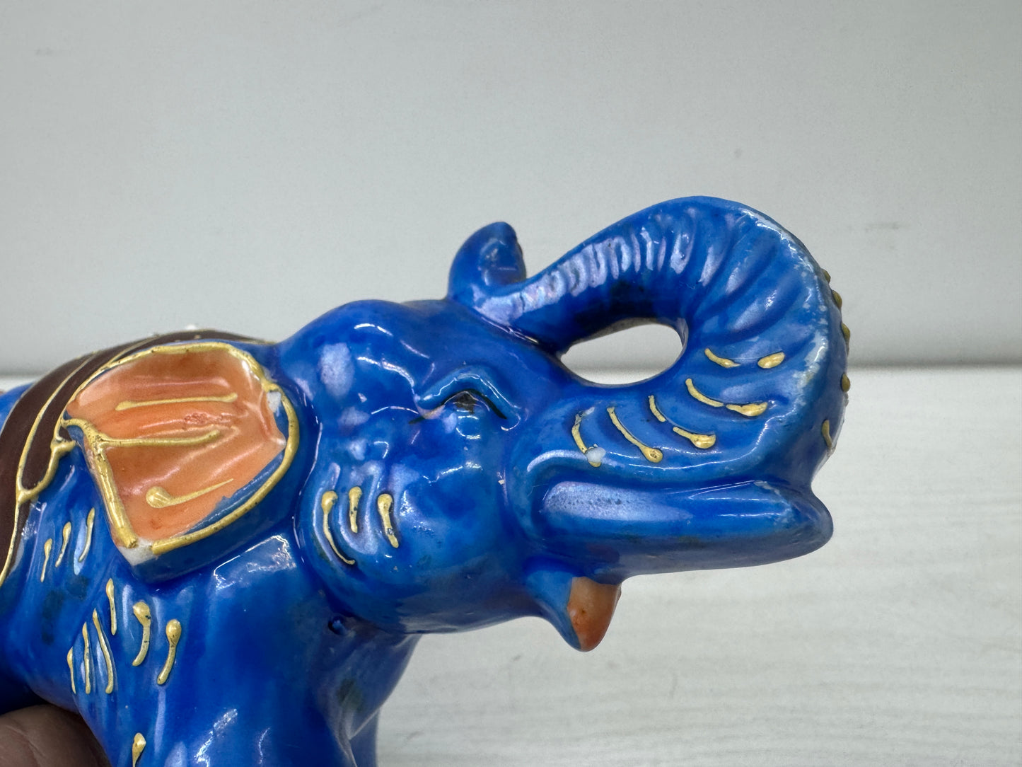 Y9918 OKIMONO Seto-ware Elephant blue color painting Japan antique interior