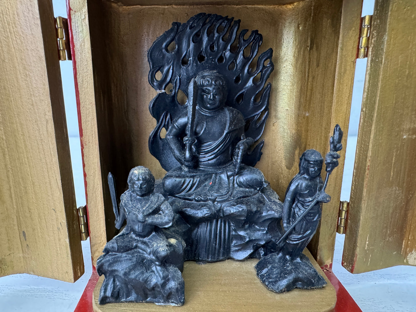 Y9922 STATUE small metal Fudo Sanzonzo Acala Triad shrine Japan antique Buddhism