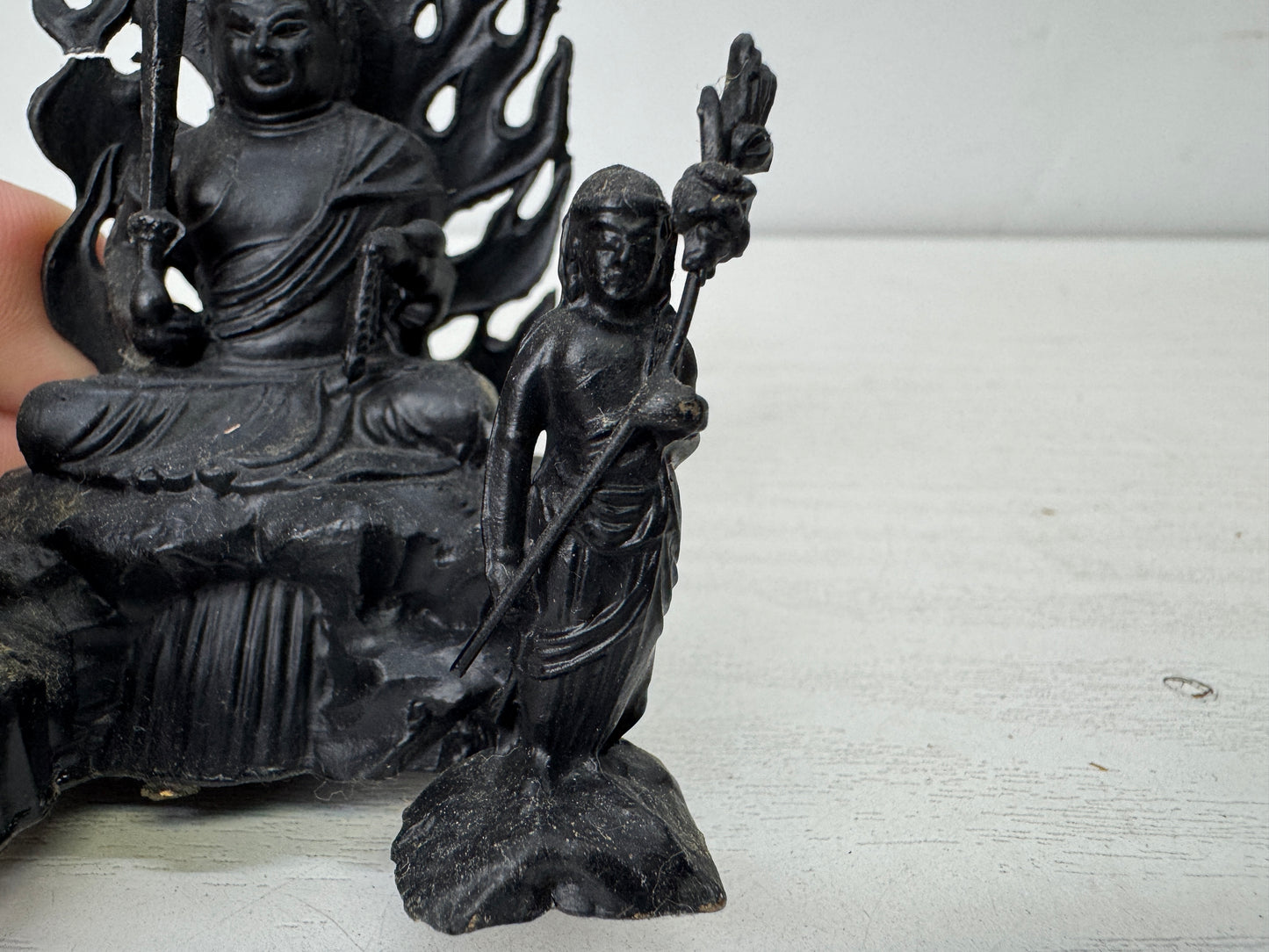 Y9922 STATUE small metal Fudo Sanzonzo Acala Triad shrine Japan antique Buddhism