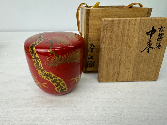 Y9927 TEA CADDY Makie Natsume pine signed box Japan antique matcha container