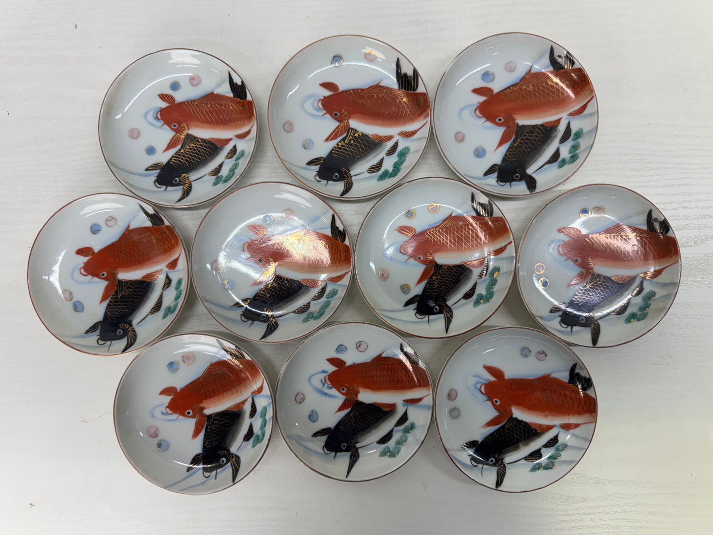 Y9935 DISH Seto-ware Carp plate set of 10 color picture Japan antique tableware