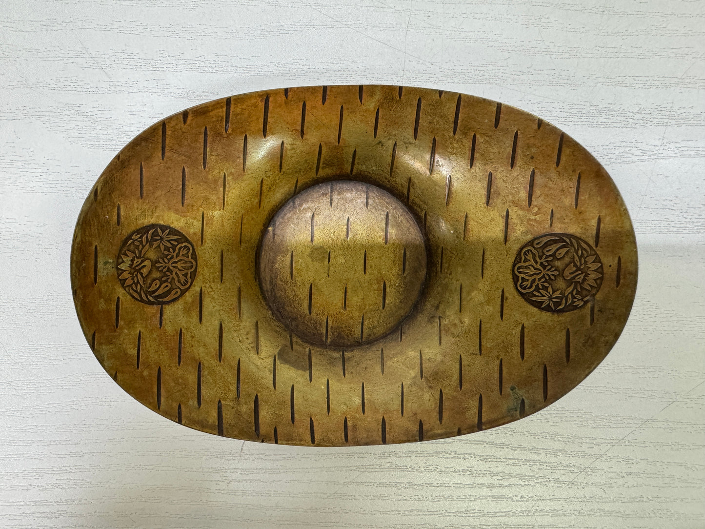 Y9938 DISH copper Chataku Coaster oval signed Japan antique Sencha tea utensils