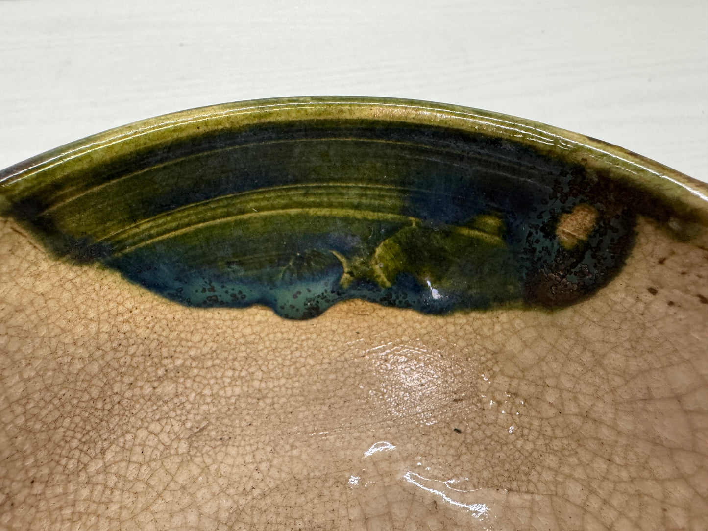 Y9944 CHAWAN Oribe-ware bowl signed box Japan antique tea ceremony pottery cup