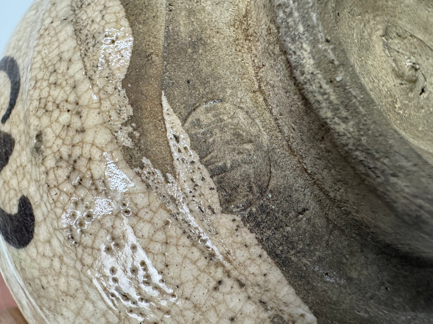 Y9944 CHAWAN Oribe-ware bowl signed box Japan antique tea ceremony pottery cup