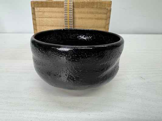 Y9945 CHAWAN Raku-ware black bowl signed box Japan antique tea ceremony pottery