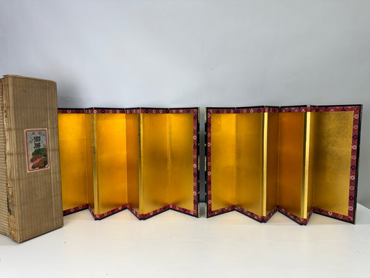 Y9951 HINA DOLL small gold Folding screen pair box Japan antique interior decor