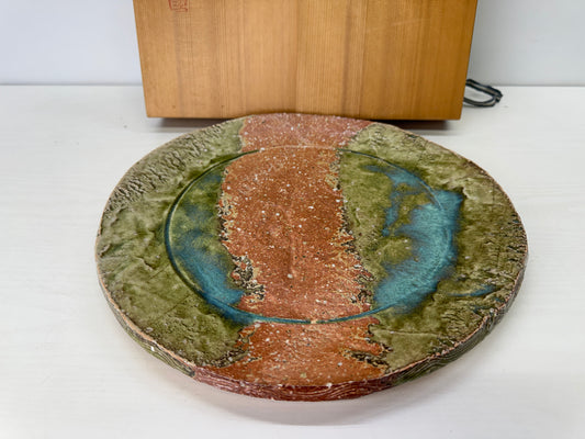 Y9960 DISH Shigaraki-ware round plate glass signed box Japan antique tableware