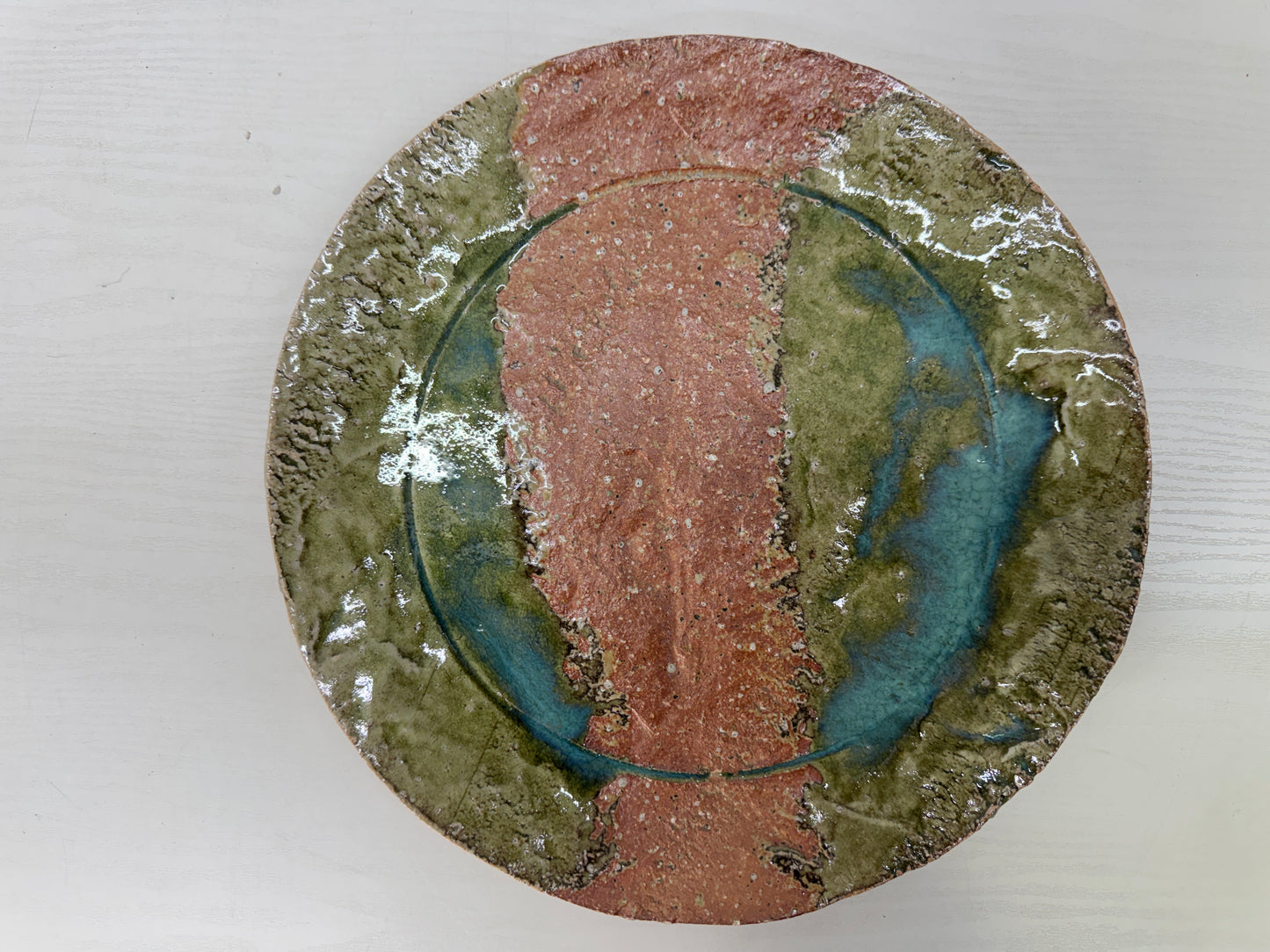 Y9960 DISH Shigaraki-ware round plate glass signed box Japan antique tableware