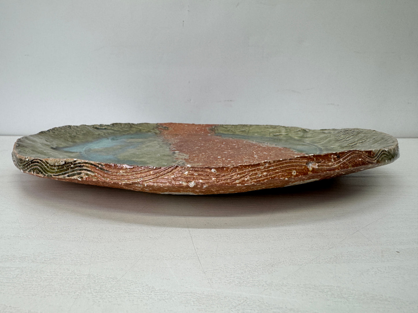 Y9960 DISH Shigaraki-ware round plate glass signed box Japan antique tableware