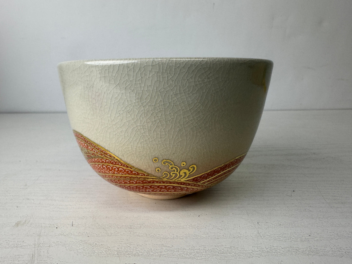 Y9973 CHAWAN Banko-ware bowl signed box Wave Rabbit Japan antique tea ceremony