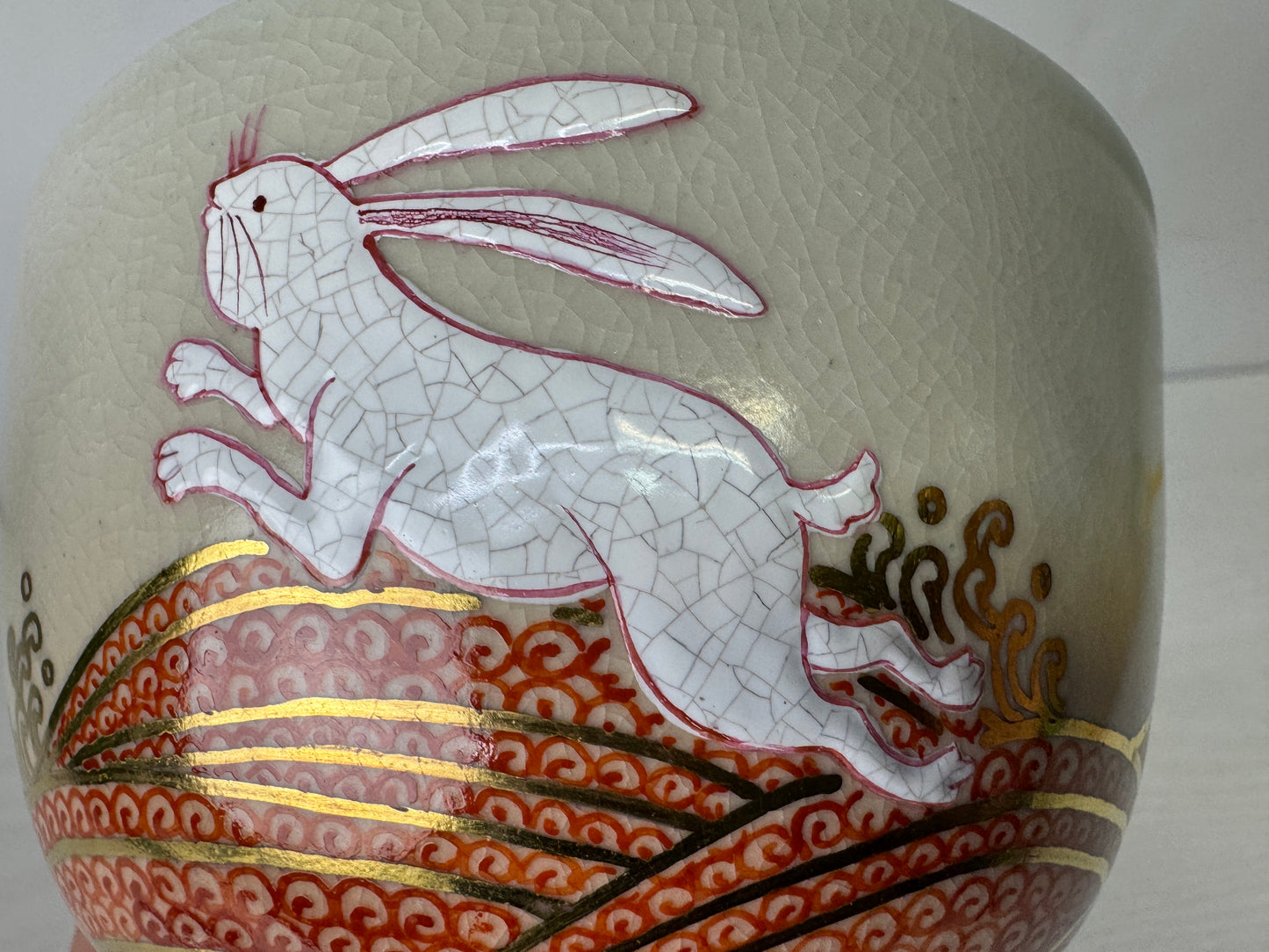 Y9973 CHAWAN Banko-ware bowl signed box Wave Rabbit Japan antique tea ceremony