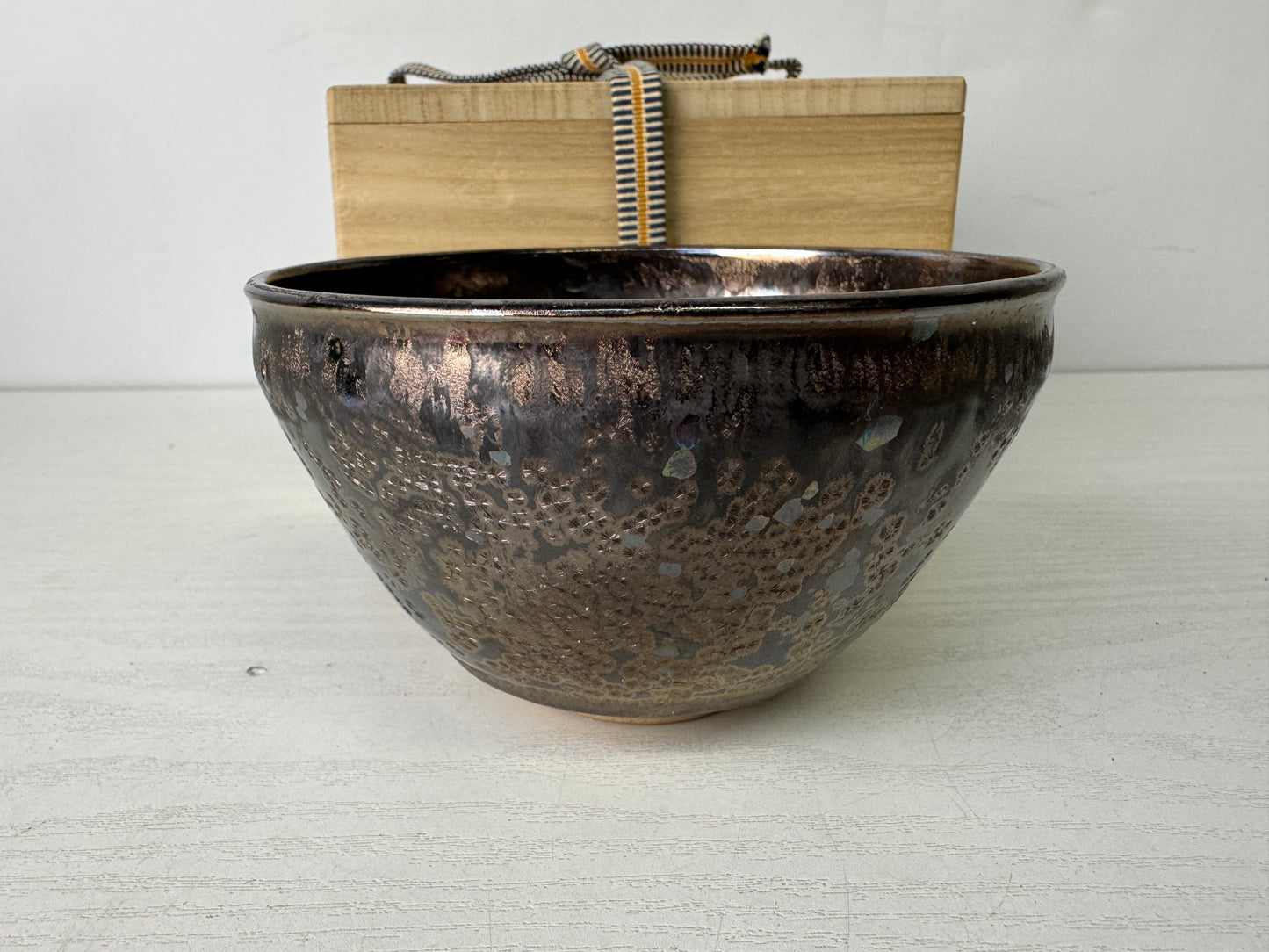 Y9974 CHAWAN Tenmoku bowl Crystal pattern signed box Japan antique tea ceremony